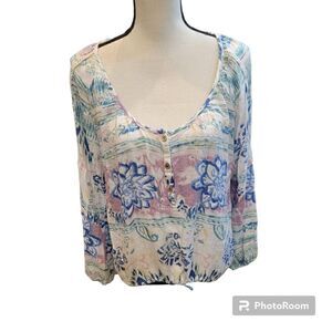 O'Neill Colorful Abstract Print Top with Plunging Neckline. Size XL.
